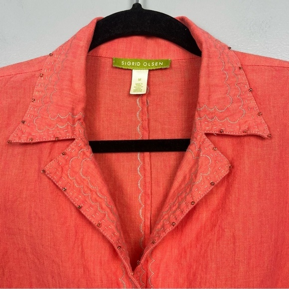 Sigrid Olsen orange button front 3/4 sleeve 100% linen blouse, medium. - Picture 4 of 10